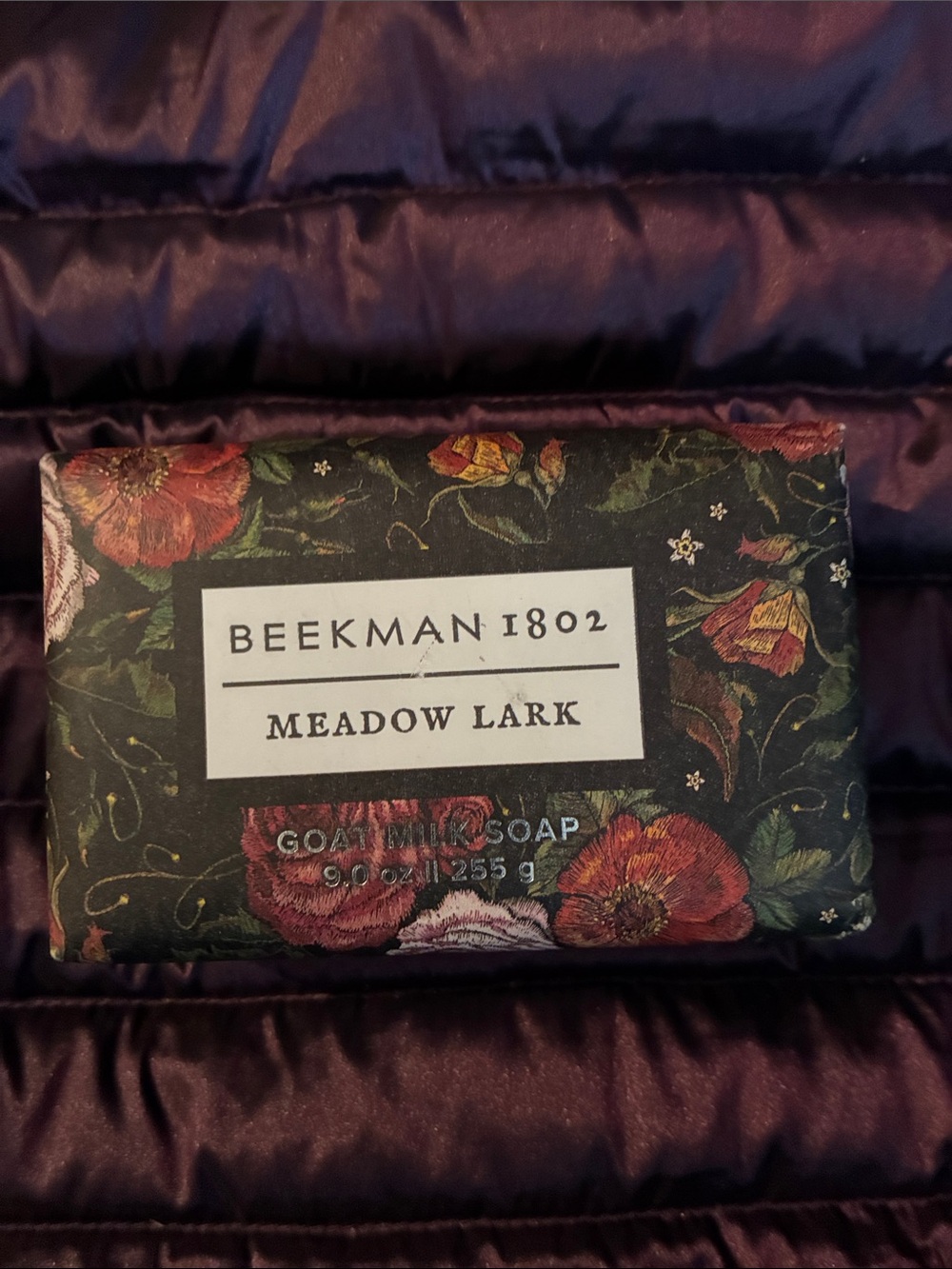 Beekman 1802 Meadow Lark Floral Soap — Black with Red & Green Accents